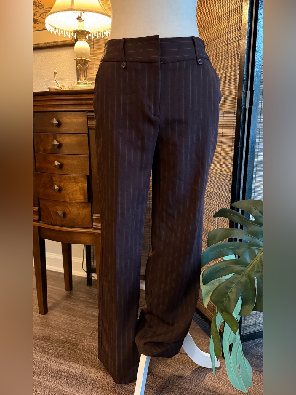 George Stretch Brown Pink Pinstripe Straight Leg Trouser Pants